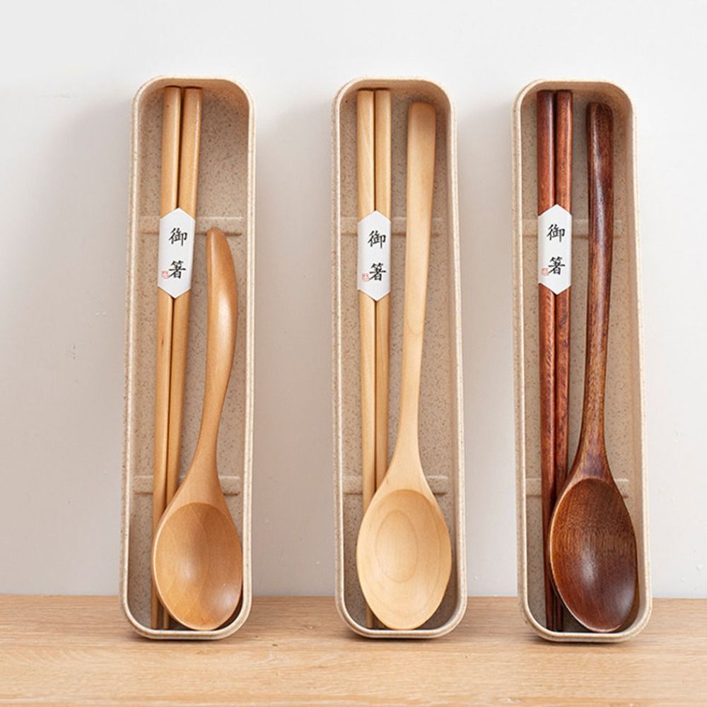 Bamboo Cutlery Travel - Picknick-Set mit Holzstäbchen und Löffel, Wiederverwendbares