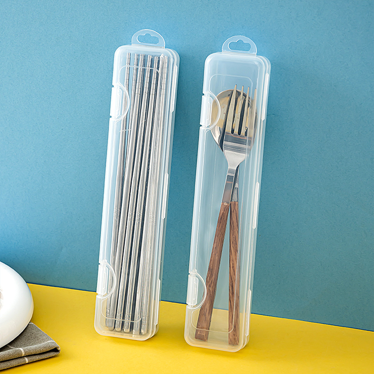 Bamboo Cutlery Travel - Tragbare transparente Geschirrbox, Reise-Besteck-Aufbewahrungsbox mit Klappdeckel,
