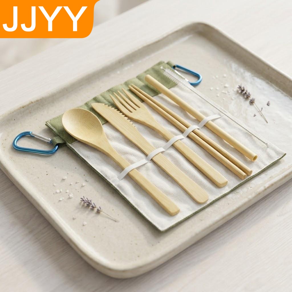 Bamboo Cutlery Travel - Wiederverwendbares Bambus-Reisebesteck-Set Tragbares Holz-Gabel-Löffel-Messer-Set mit Tragetasche